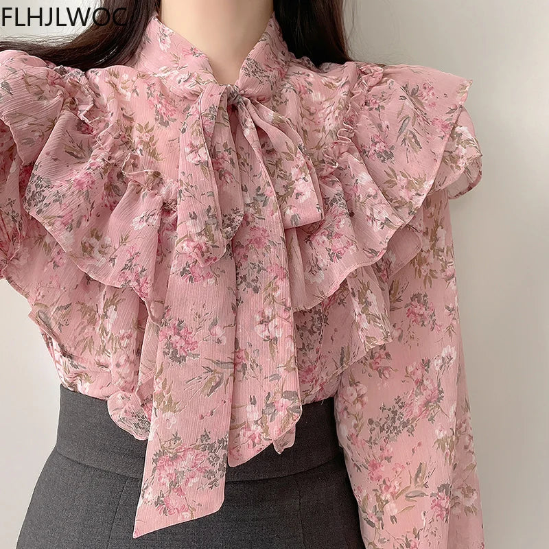 Korea Japan Style Ruffled Chic Pink Tops Blusas