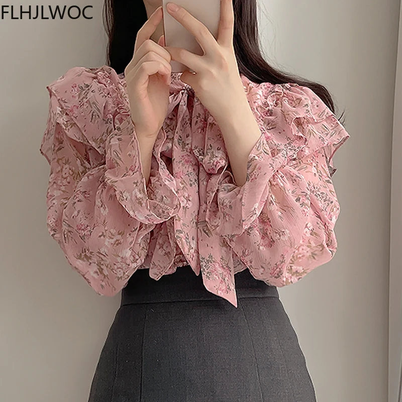 Korea Japan Style Ruffled Chic Pink Tops Blusas