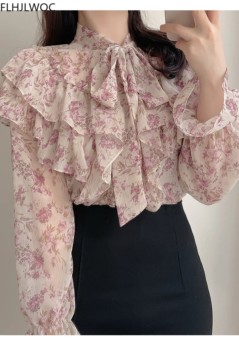 Korea Japan Style Ruffled Chic Pink Tops Blusas