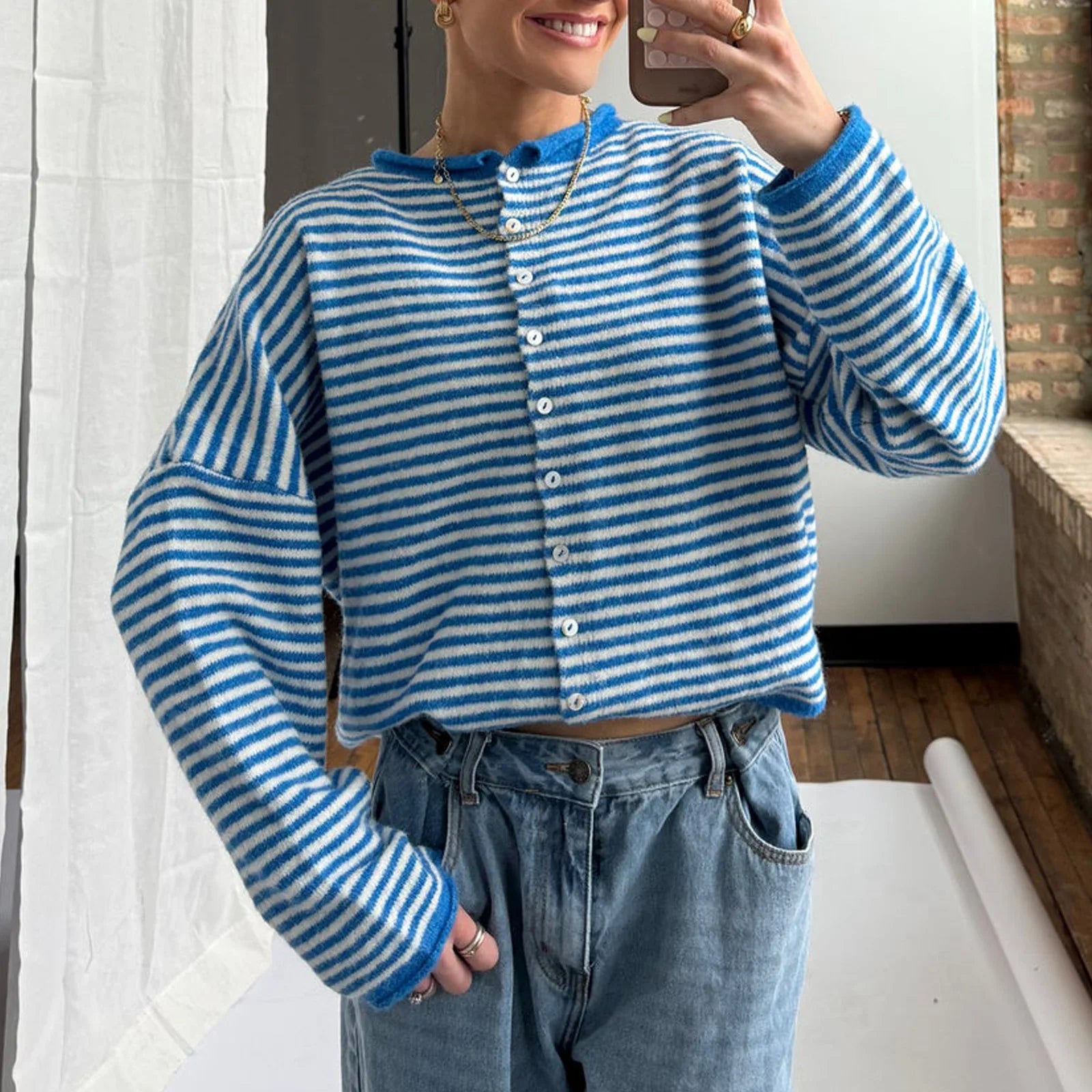 Womens Long Sleeve Striped Sweatshirt