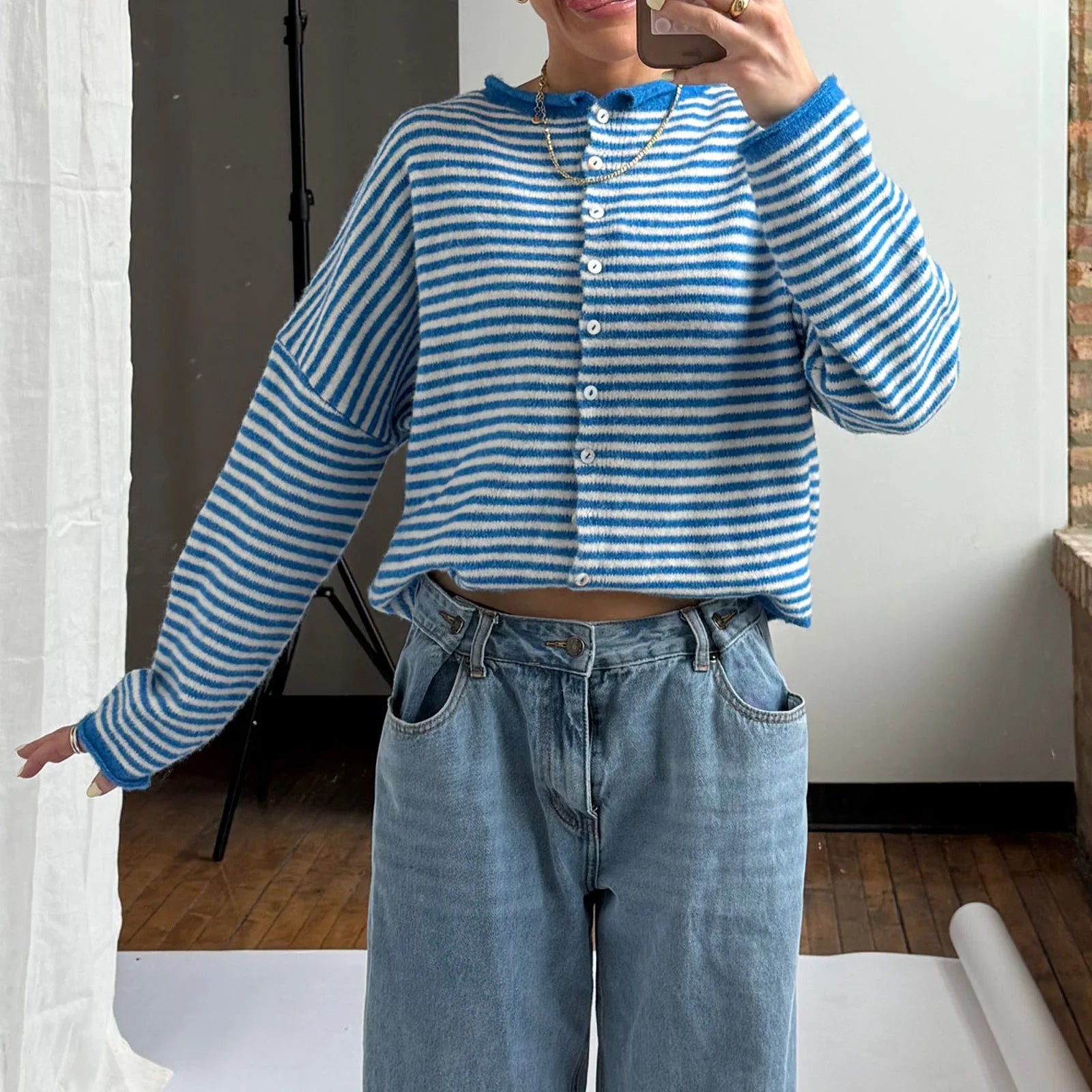 Womens Long Sleeve Striped Sweatshirt