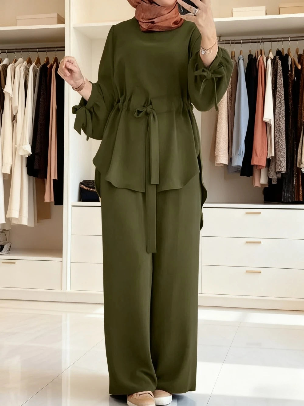 Eid Muslim Set Women Shirt Sashes Wide Leg Pants Suit Ramadan Morocco Dubai Outfits 2 Piece Set Arab Jalabiya Modest Ensemble