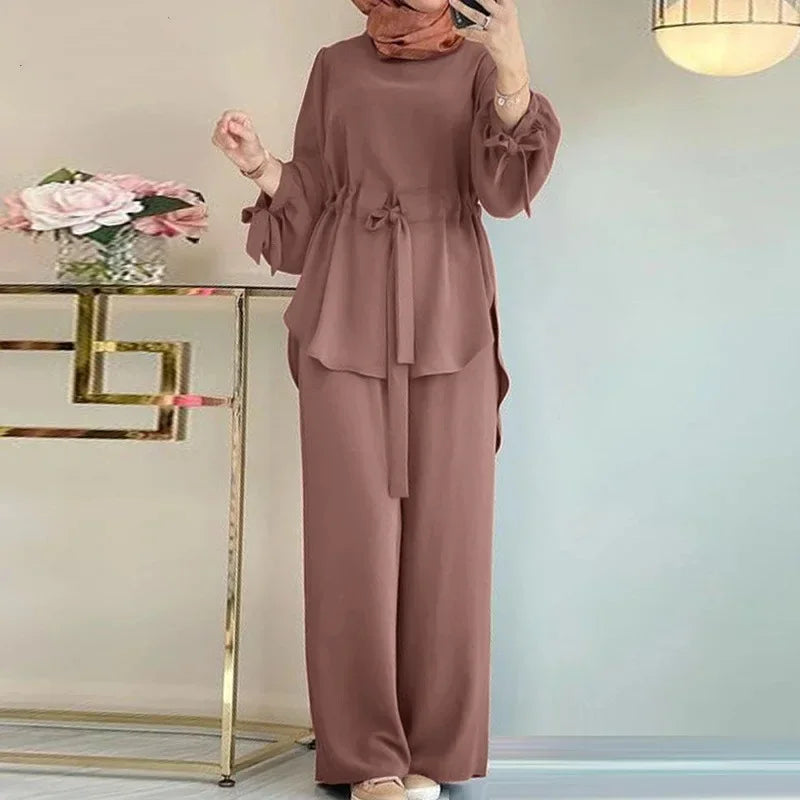 Eid Muslim Set Women Shirt Sashes Wide Leg Pants Suit Ramadan Morocco Dubai Outfits 2 Piece Set Arab Jalabiya Modest Ensemble