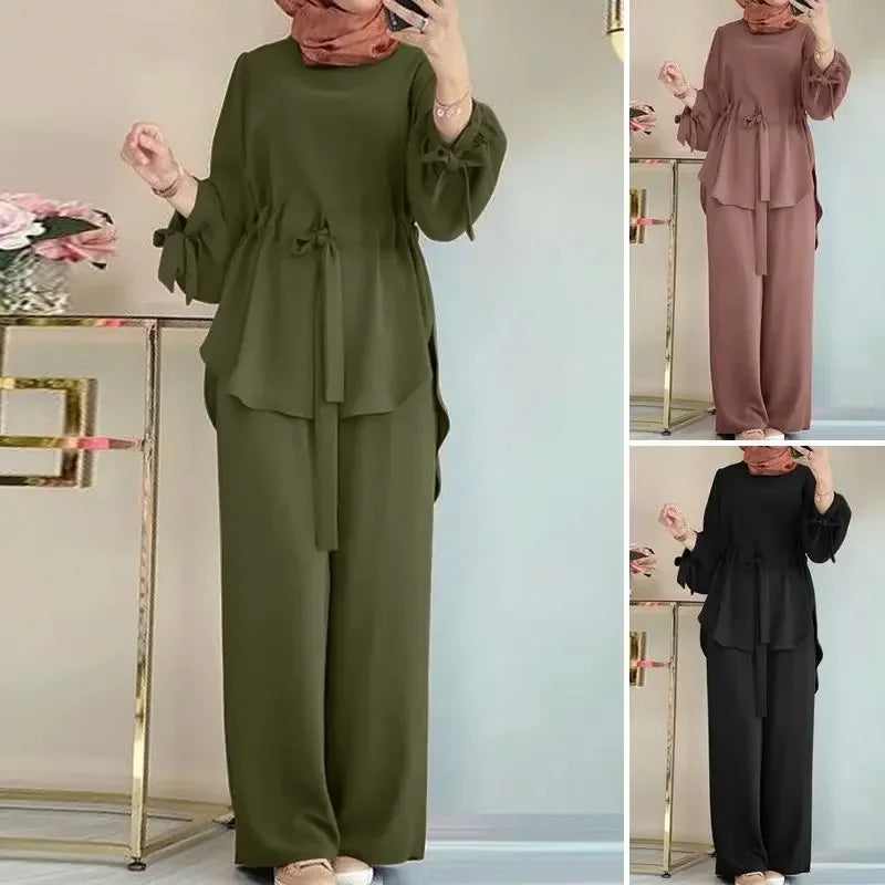 Eid Muslim Set Women Shirt Sashes Wide Leg Pants Suit Ramadan Morocco Dubai Outfits 2 Piece Set Arab Jalabiya Modest Ensemble