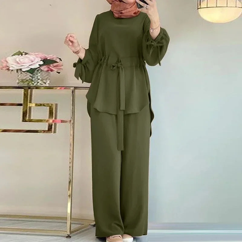 Eid Muslim Set Women Shirt Sashes Wide Leg Pants Suit Ramadan Morocco Dubai Outfits 2 Piece Set Arab Jalabiya Modest Ensemble