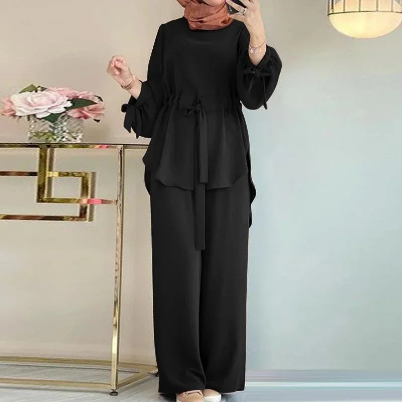 Eid Muslim Set Women Shirt Sashes Wide Leg Pants Suit Ramadan Morocco Dubai Outfits 2 Piece Set Arab Jalabiya Modest Ensemble