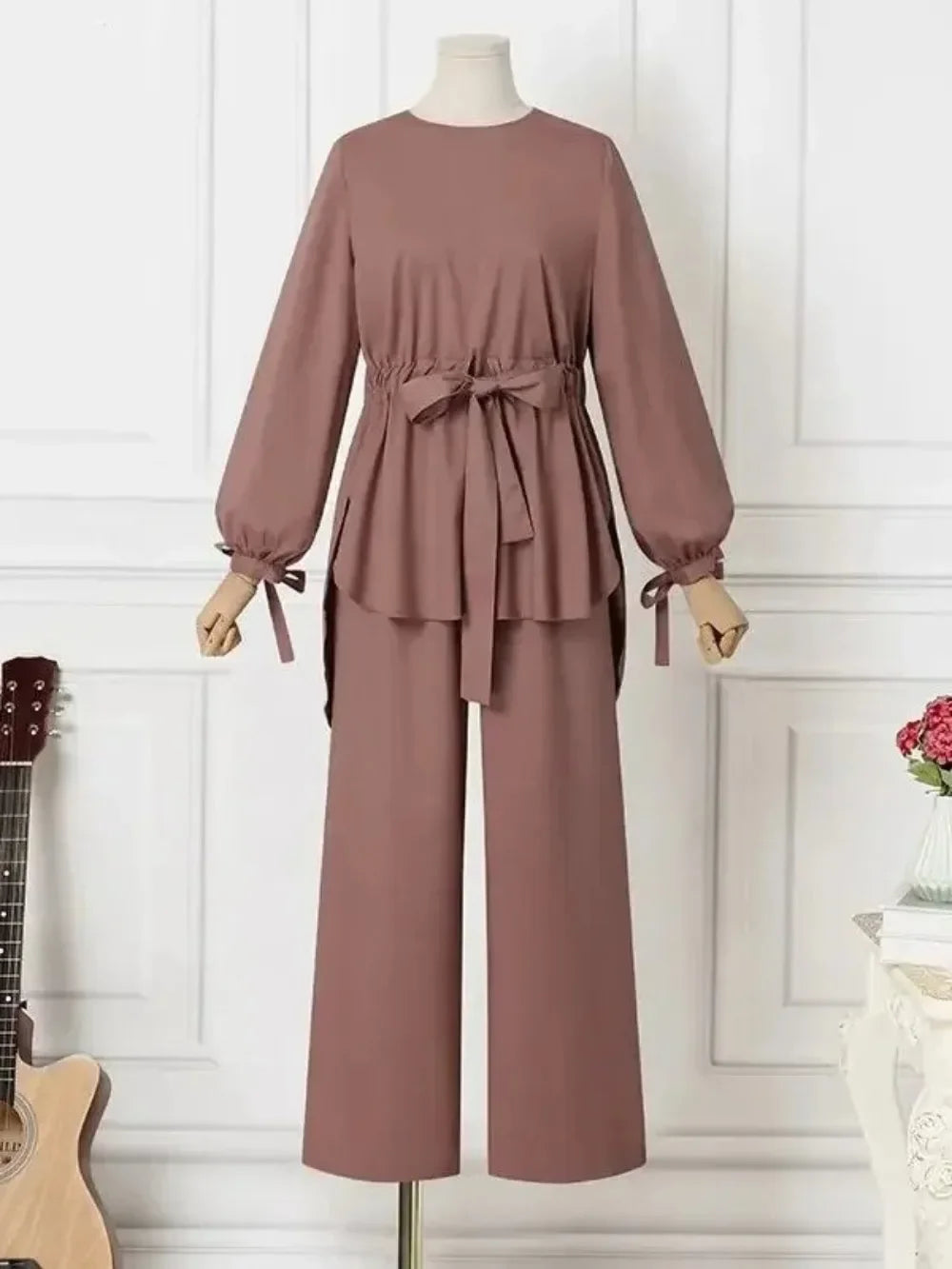 Eid Muslim Set Women Shirt Sashes Wide Leg Pants Suit Ramadan Morocco Dubai Outfits 2 Piece Set Arab Jalabiya Modest Ensemble