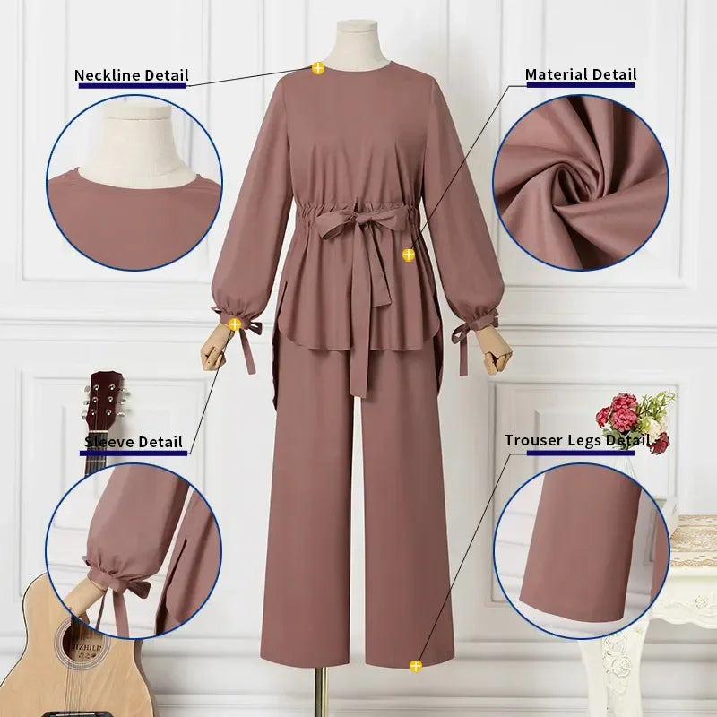 Eid Muslim Set Women Shirt Sashes Wide Leg Pants Suit Ramadan Morocco Dubai Outfits 2 Piece Set Arab Jalabiya Modest Ensemble