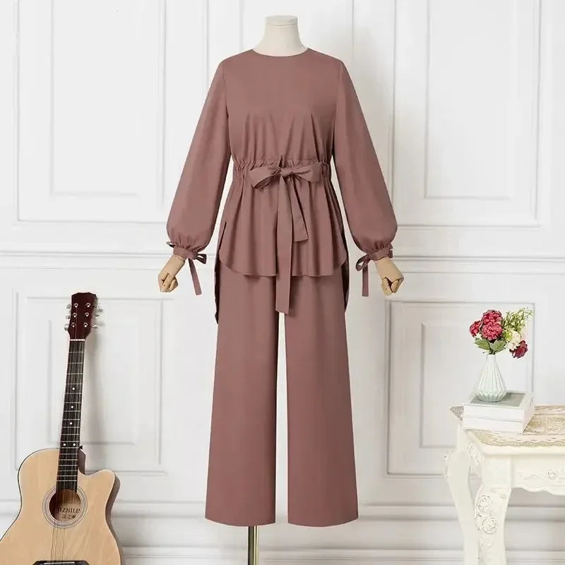 Eid Muslim Set Women Shirt Sashes Wide Leg Pants Suit Ramadan Morocco Dubai Outfits 2 Piece Set Arab Jalabiya Modest Ensemble