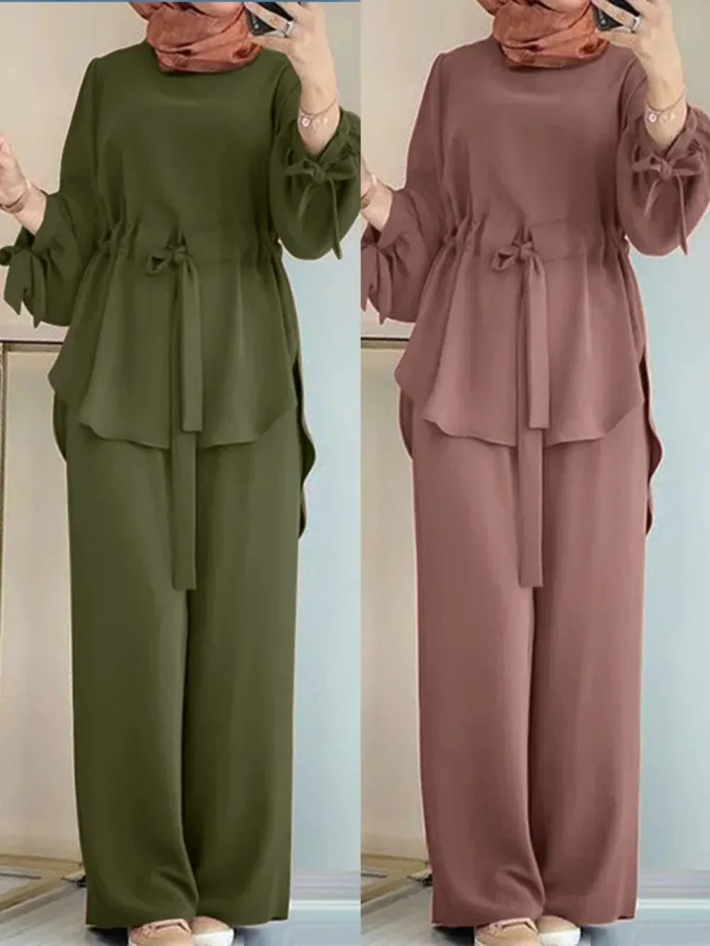 Eid Muslim Set Women Shirt Sashes Wide Leg Pants Suit Ramadan Morocco Dubai Outfits 2 Piece Set Arab Jalabiya Modest Ensemble