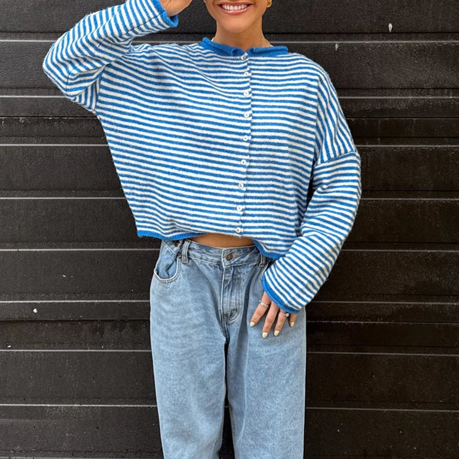 Womens Long Sleeve Striped Sweatshirt
