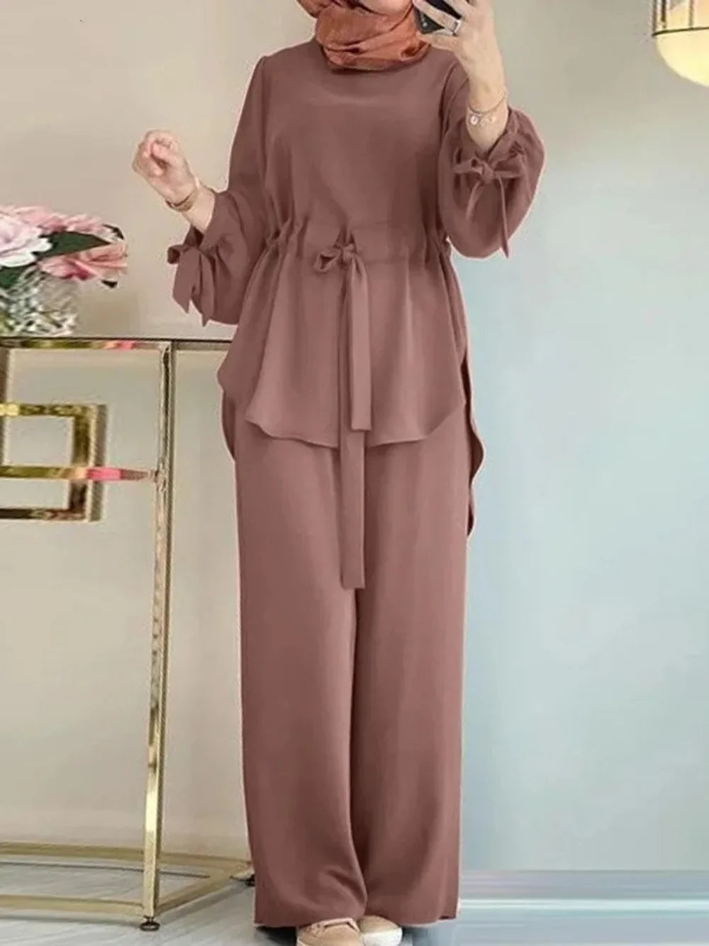 Eid Muslim Set Women Shirt Sashes Wide Leg Pants Suit Ramadan Morocco Dubai Outfits 2 Piece Set Arab Jalabiya Modest Ensemble