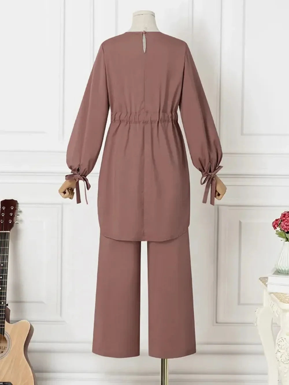 Eid Muslim Set Women Shirt Sashes Wide Leg Pants Suit Ramadan Morocco Dubai Outfits 2 Piece Set Arab Jalabiya Modest Ensemble